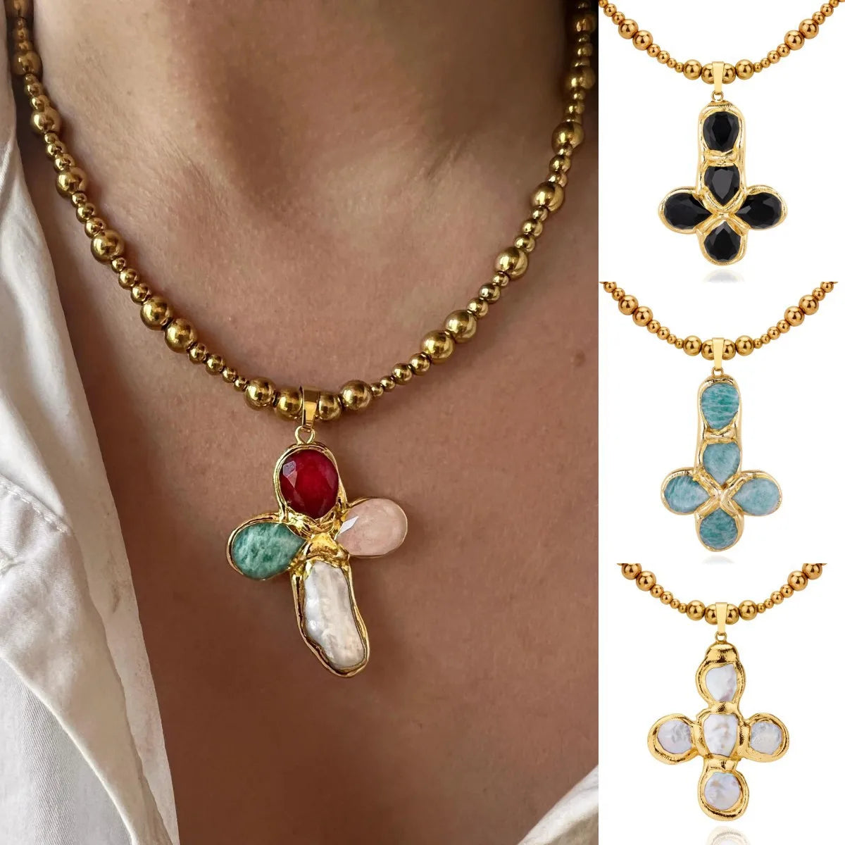 Stainless Steel 18K Gold Zircon Drop Oil Cross Pendant Necklace Enamel Delicate Minimalist Fashion Jewelry Pendant Necklaces