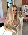 Long Length Brown Blonde Highlight Russian Human Hair HD Lace Frontal Wigs Grade 14A Remy Virgin Hair Straight Wave Wig