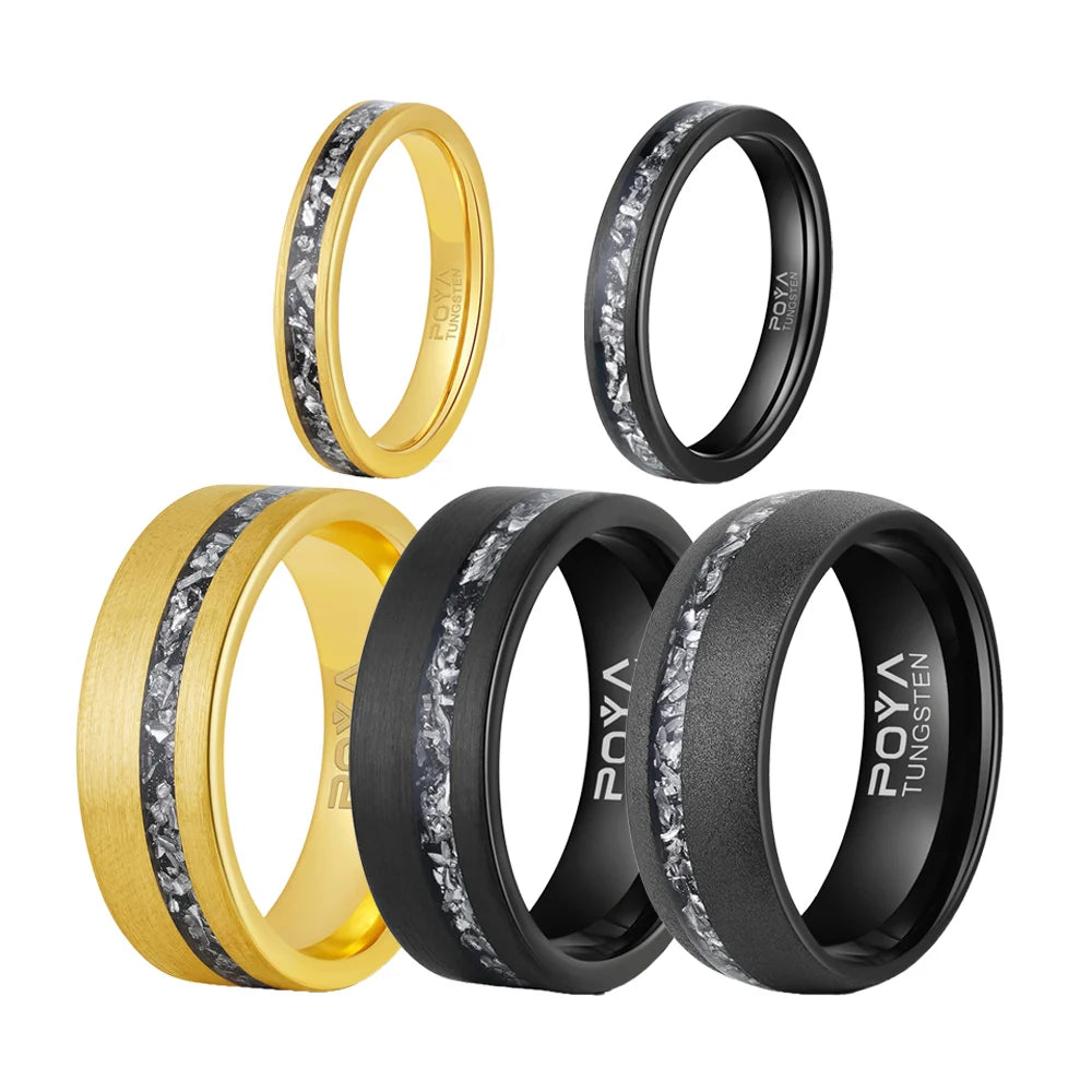 Poya Matching Rings Handmade Brushed Sandblasted Gold Black Meteorite Tungsten Ring