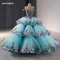 Delicate Blue Off-shoulder Sequin A-line Ball Gown Colorful Applique Beaded Tiered V-neck Evening Dress RSM241095