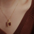 Vintage Luxury Europe Gold Plated 925 Sterling Silver Shiny Zircon Square Ruby Pendant Necklace for Women Girls