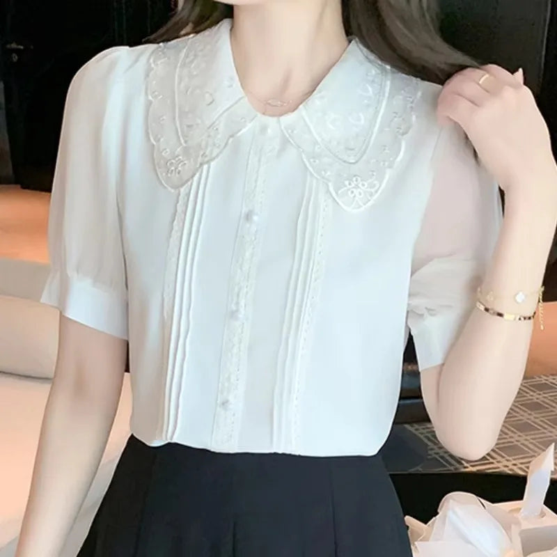 8106# Short Sleeve Blouse Women White Chiffon Shirt Women Tops Blusas Mujer De Moda 2025 Verano Blouses Femme Shirts Blusa