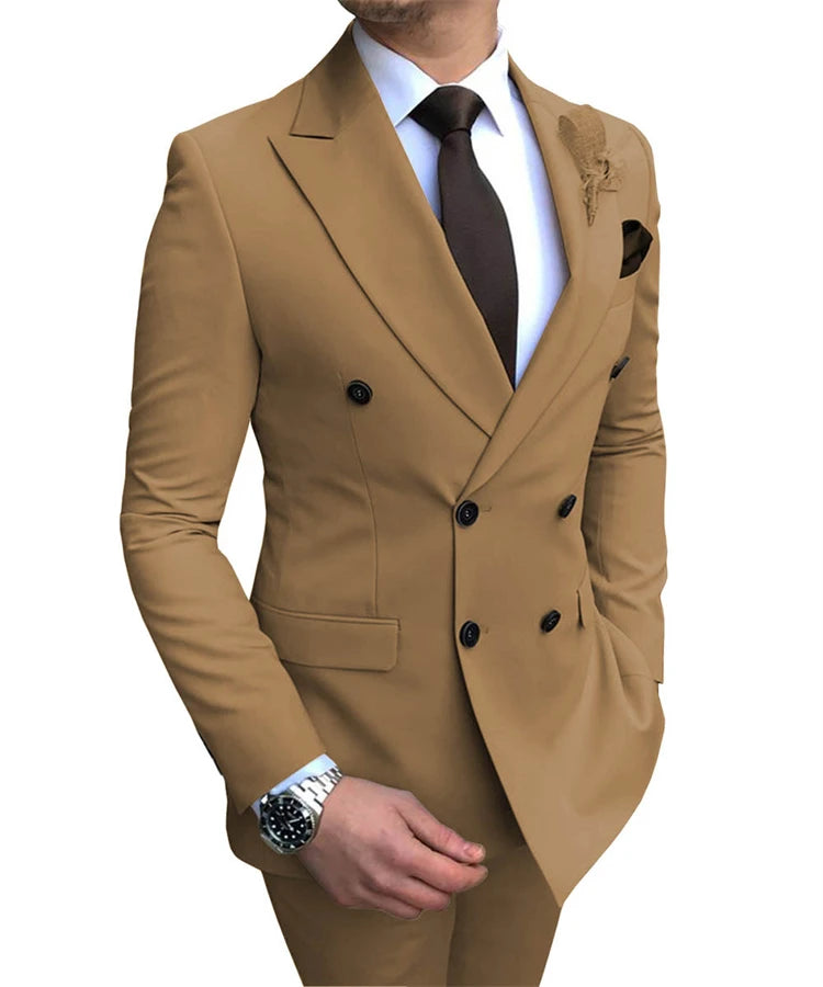 Casual High-quality Wool Men's Slim-fit Two-piece Double Row Groomsman Wedding Dress Set