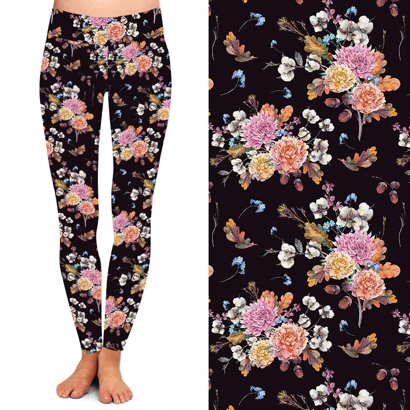 Women High Yoga Waist Buttery Soft 92% Polyester 8% Spandex Autumn Fall Leaves Flower Leggings for Women