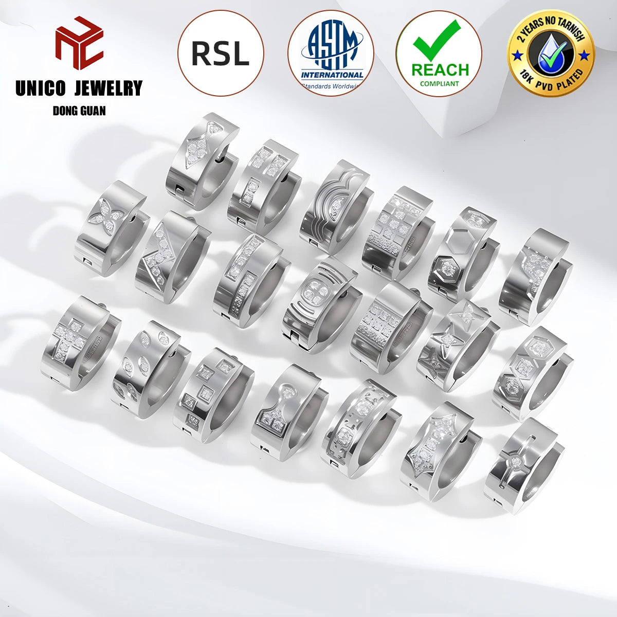 Classic Silver Plated Non-Tarnish Earrings Stainless Steel Cubic Zircon Waterproof Huggie Earrings Claw Setting Hook Design