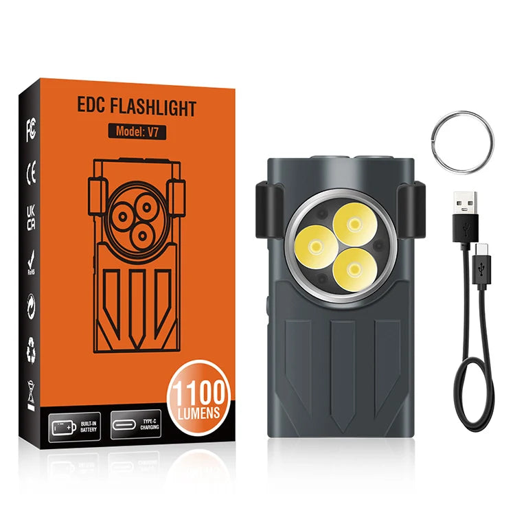 V7 EDC Flashlight 1100 Lumens Mini Keychain Torch Rechargeable Ipx5 Waterproof Multifunctional Light Color Led Mini Flashlight