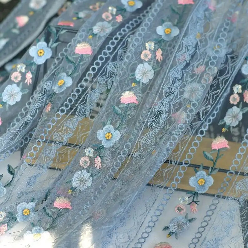 3 Colors Blue Black Tulle Floral Embroidery Exquisite Bridal Wedding Veil Lace