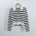 Regular Winter White and Black Striped Breathable V-neck Women's Flat Knitted Custom Polo Collar Sweater Pullover Manufacturer