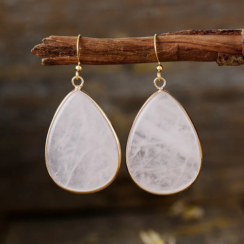 Fashion New Bohemian Simple Large Drop Pink Crystal Pendant Earrings Natural Stone Earrings Gifts for Women