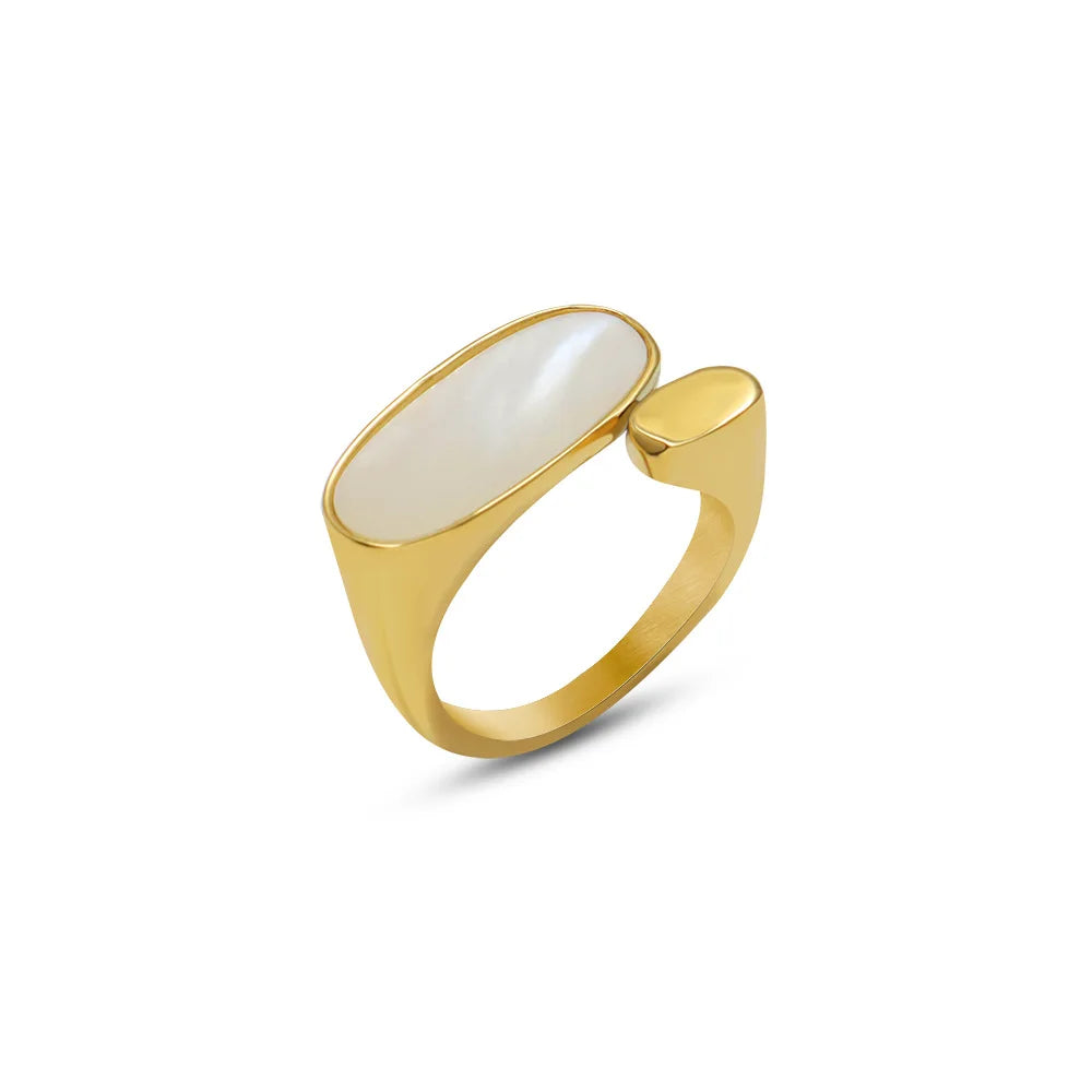 Anillos Mujer Women's Stainless Steel Plated 18k Gold Jewelry White Mother of Pearl Shell Female Big Oval Ring