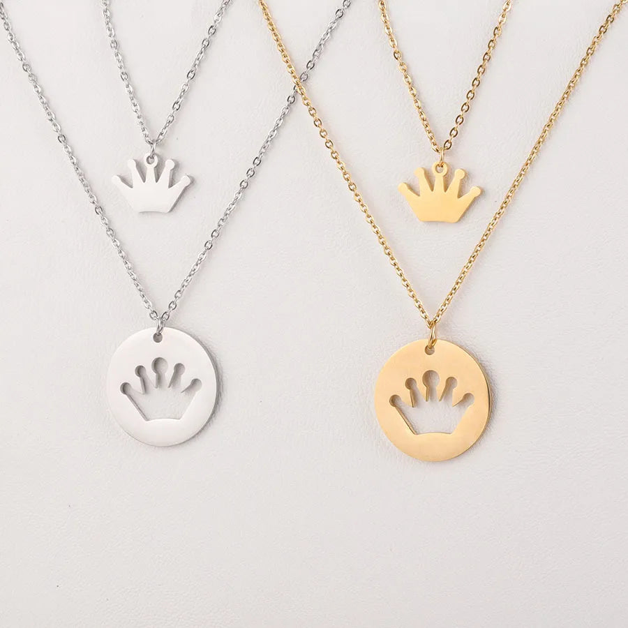 Round Hollow Layers Crown Pendant Necklaces Stainless Steel Gold Plated Short Neckchain Choker Necklace for Women