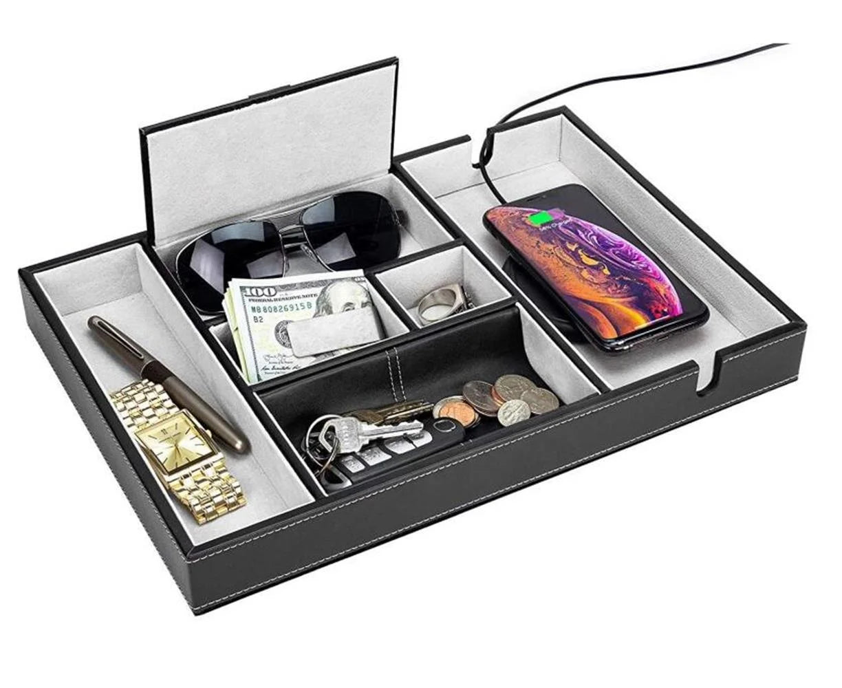 Pu Leather Man Watch Coin Key Storage Boxes Desk Office Organizer Valet Tray With Large Smartphone Charging Station