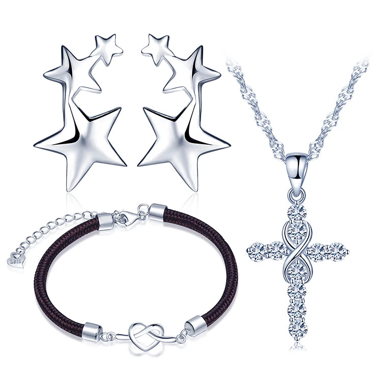 925 Silver Star Ear Climbers Heart Bracelets Cross Necklaces Sets
