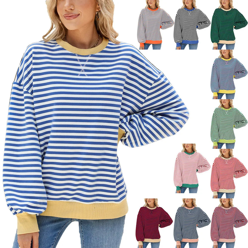 Oversize Stripe Women Sweatshirts Fashion Crewneck Custom Logo Solid Color Women Pullover Hoodies
