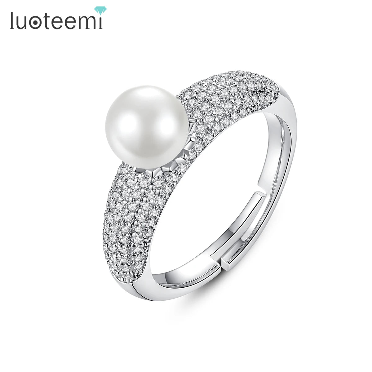 LUOTEEMI Imitation Pearl Wedding Jewelry Rings Cz Stones Paved Freshwater Pearl Engagement Rings
