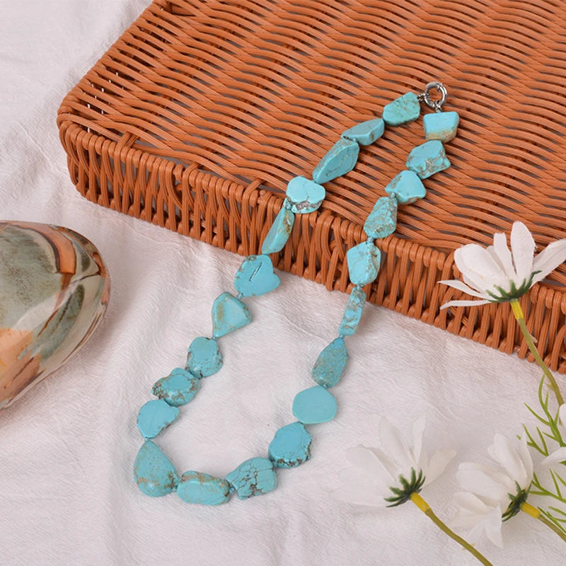 Handmade Folk Style Unisex Geometrical Pattern Natural Turquoise Necklace Beads Size 16-18x20-22mm Approx 50cm 1931123 MegaBDM