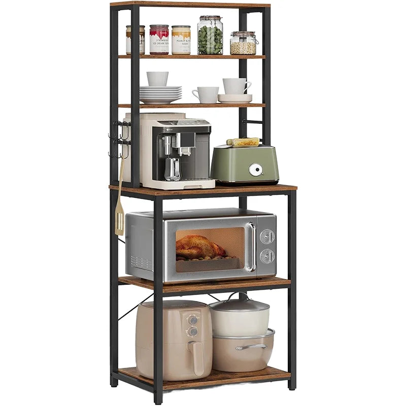 Modern Wood Kitchen Bakers Rack with Hutch Coffee Bar Station & Microwave Oven Stand for Spice Organizer Workstation Non-Folding