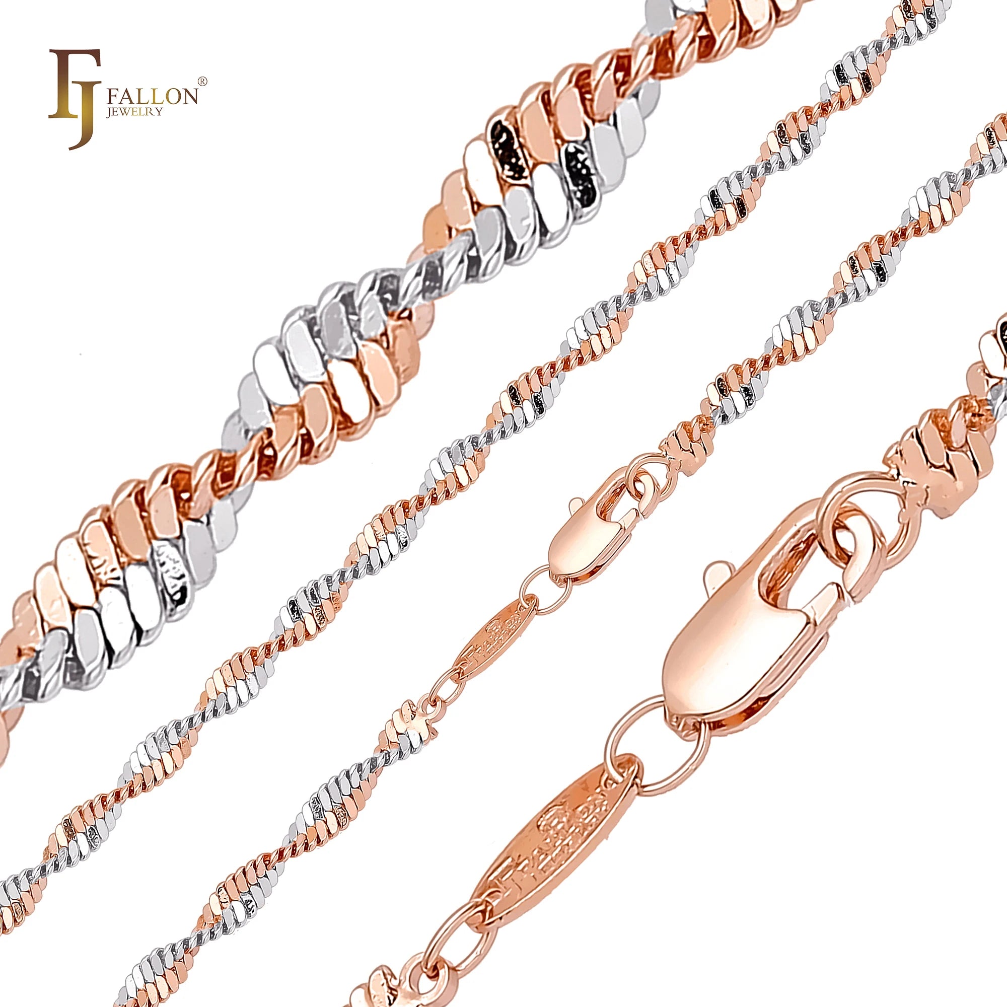 3.6mm FJ Fallon Fashion Jewelry Double Singapore Link Chain Plated in Rose Gold Two Tone Brass Based