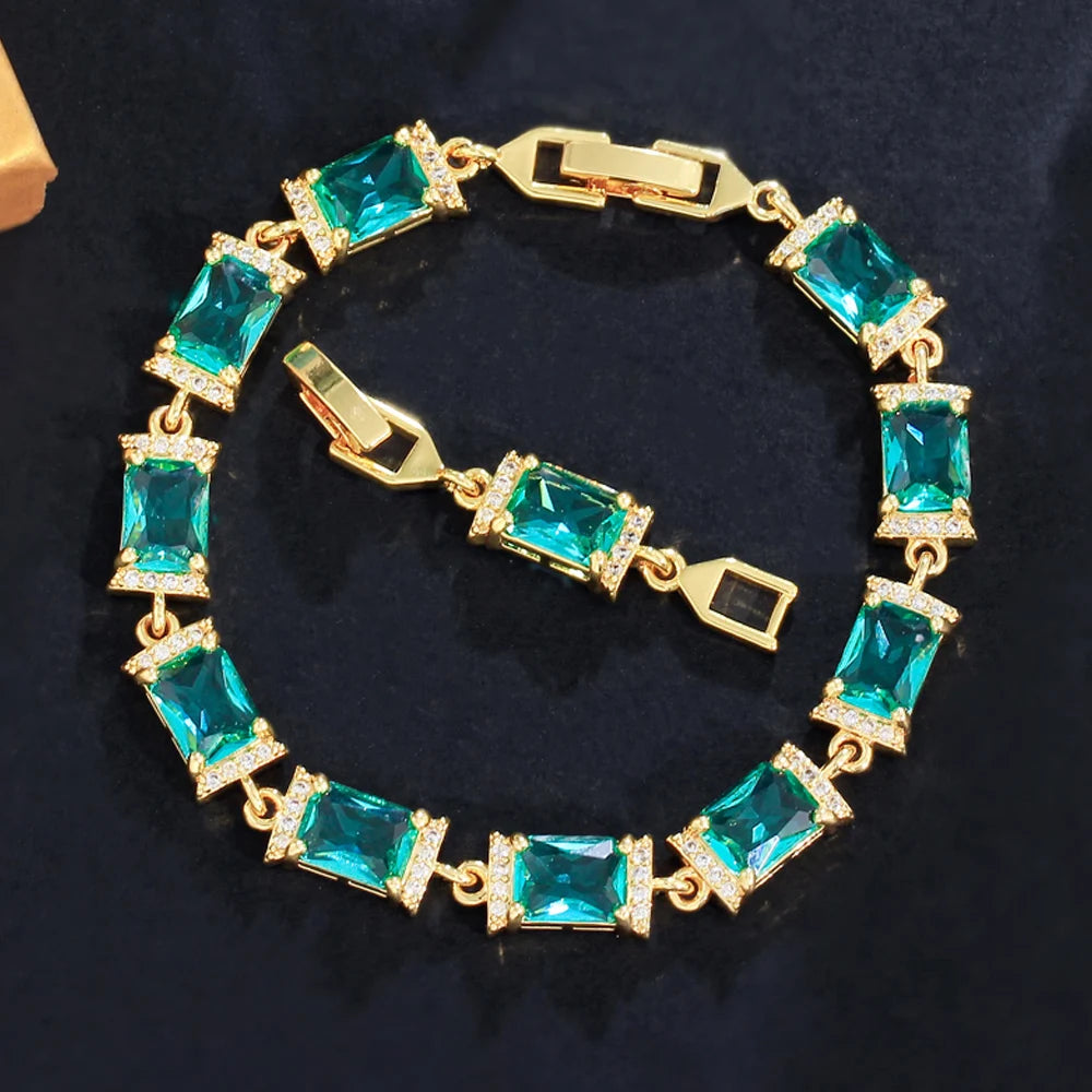 Glamorous Jewelry Gold Plated Rectangle Light Green Cubic Zirconia Anniversary Wedding Party Chain Link Bracelets for Women Man