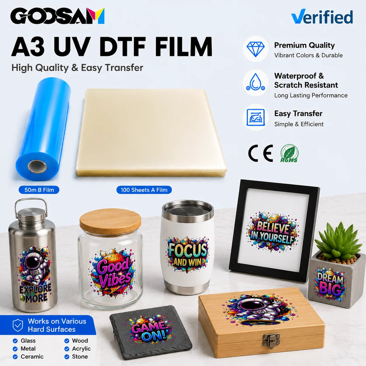 Goosam Direct Cold Transfer Uv DTF Sticker Film a and B Laminator A3 AB UV DTF Film for Hard Surface Printing