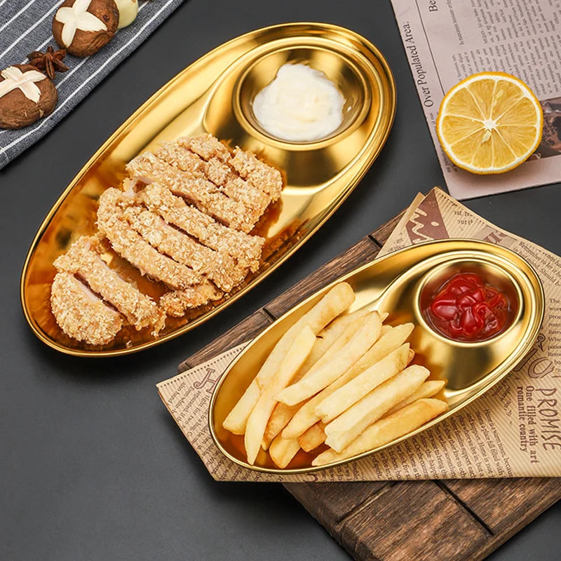 Korean Style 304 Stainless Steel Tray Golden Oval Snack Dish Dumpling Plate Dipping Saucer Restaurant Fries Plate for Camping