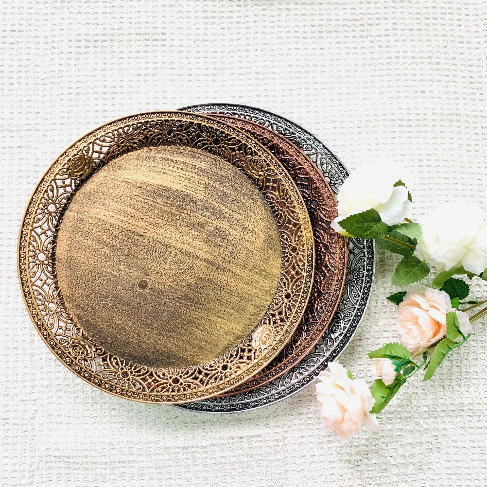 3 Sizes Round Distressed Skeleton Vintage Lace Fine Engraving Unique Textures Fruit Bowl Tray Decorative Charger Plates
