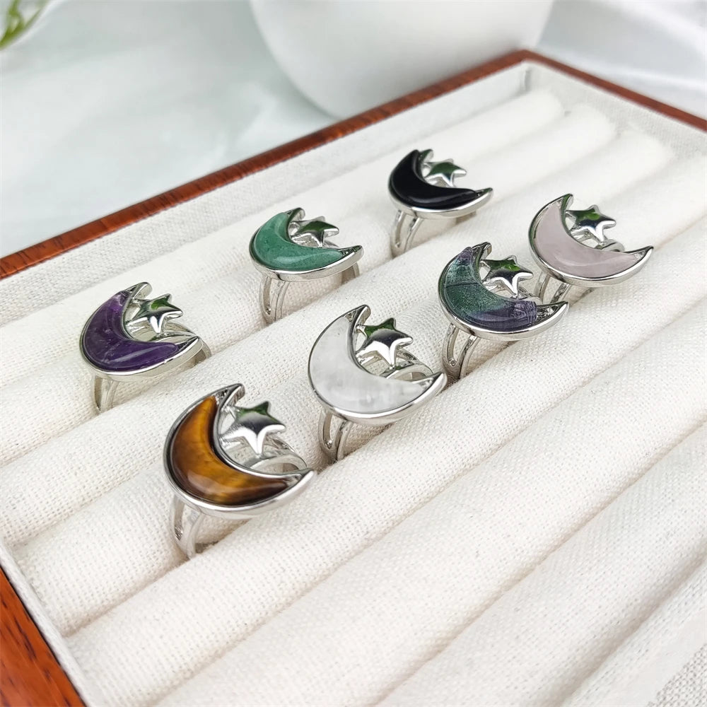 2025 Hot Sale Silver Plated Adjustable Amethyst Crystal Black Obsidian Ring Star and Moon Natural Gemstone Ring for Women Gifts
