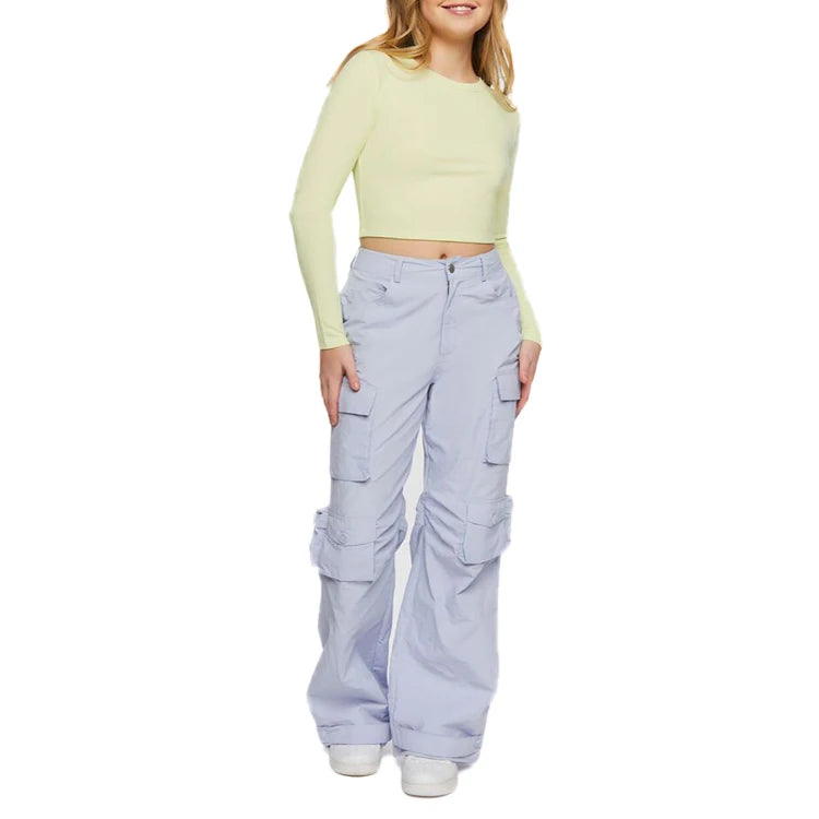 Wholesale Custom High-Rise Wide Leg Straight Loose Cargo Pants for Women Spring Collection Multiple Pockets Plain Dyed Technique