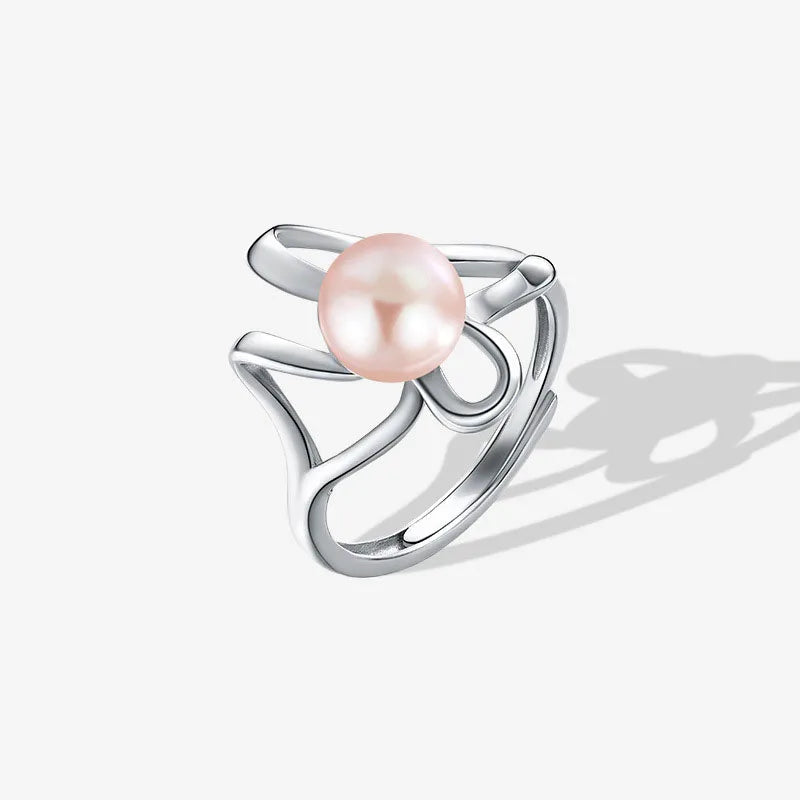 Trendy S925 Sterling Silver White Gold Plated Rings for Women with Irregular Geometric Pearl Design