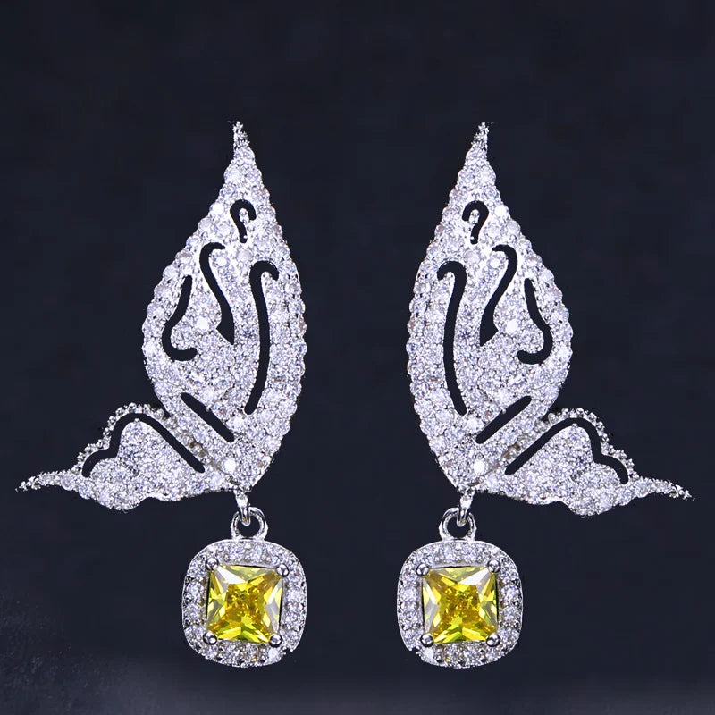 New Trendy Dangling Silver Plated Big Yellow Cubic Zirconia Animal Lovely Cute Flying Butterfly Shaped Drop Earrings for Women