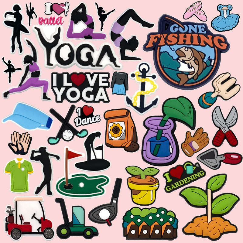 New Arrival Cartoon Shoe Decorations Custom Pvc Sports Ballet Golf Yoga Gone Fishing Gardening Flower Tools Shoe Charms Bulk