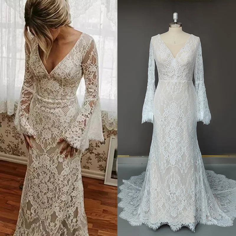 #9655 Flare Long Sleeves Sexy Lace V-Neck Bohemian Boho Wedding Dress Backless Beach Barn Ranch Plus Size Custom Made 2021