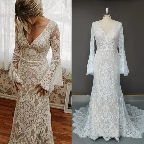 #9655 Flare Long Sleeves Sexy Lace V-Neck Bohemian Boho Wedding Dress Backless Beach Barn Ranch Plus Size Custom Made 2021