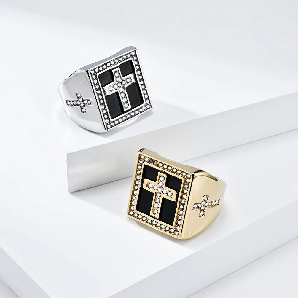 Square Stainless Steel Cross Signet Ring Vintage Prayer Diamond studded Ring Hip Hop Jewellery Accessories Wholesale