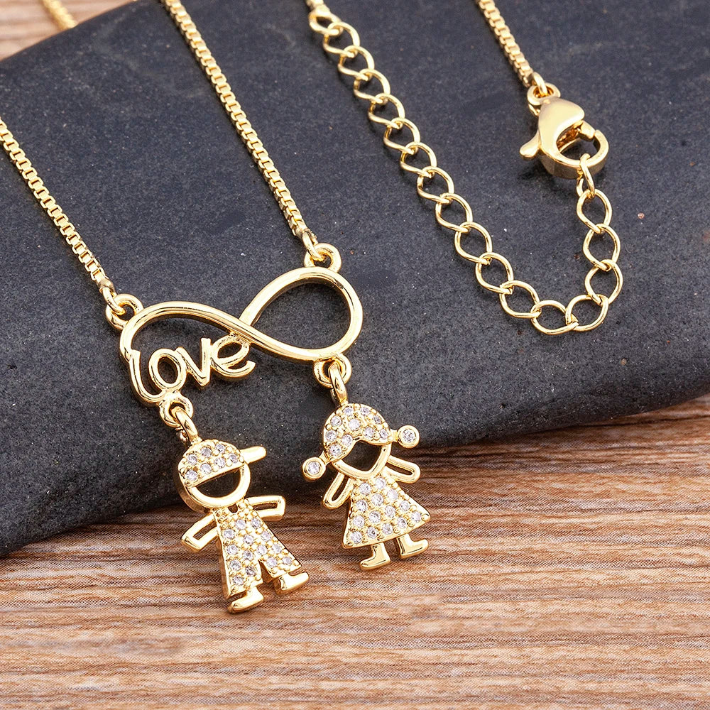 QIKU New Arrival Girl and Boy Infinity Love Pendant Copper Cubic Zircon Necklace Children Link Chain Jewelry Mother's Day Gift