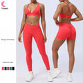 Women's 3-Piece Workout Gym Yoga Set High Waist Booty Scrunch Shorts Leggings with Solid Pattern Sports Bras