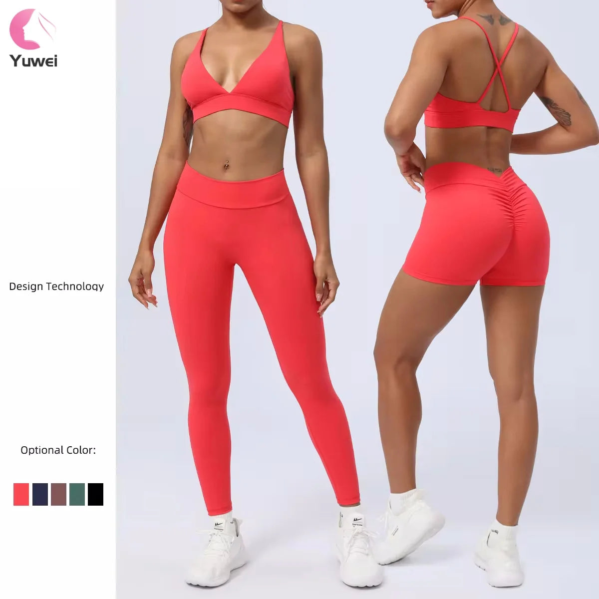 Women's 3-Piece Workout Gym Yoga Set High Waist Booty Scrunch Shorts Leggings with Solid Pattern Sports Bras