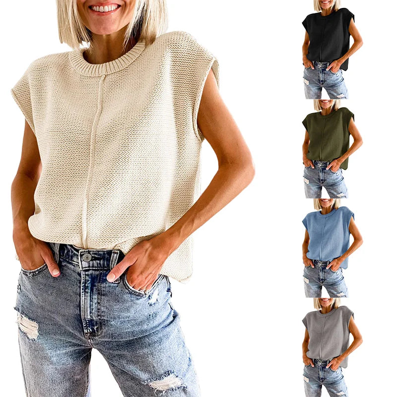 Hot Sale Spring Women's Summer Cap Sleeve Tops Casual Round Neck Loose Knitted Lightweight Sweater Pullover Tops