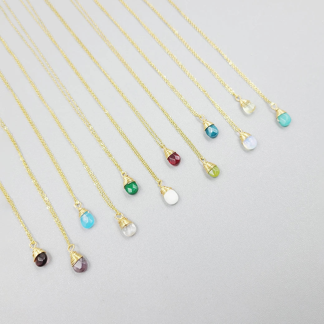 Minimalist Gemstone Healing Crystals Pendant Jewelry Delicate Wire Wrapped Faceted Drop Birthstone Zodiac Necklaces