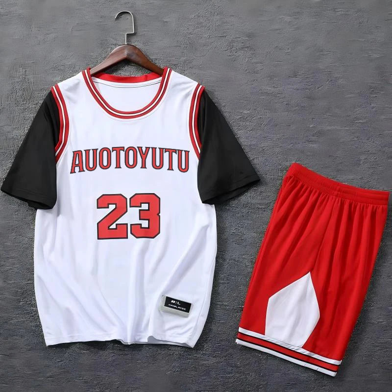 Short-sleeved Suit  Two-piece Basketball Sports Shirt Men's T-shirt Shorts Polyester Training Suit Running Fitness Loose