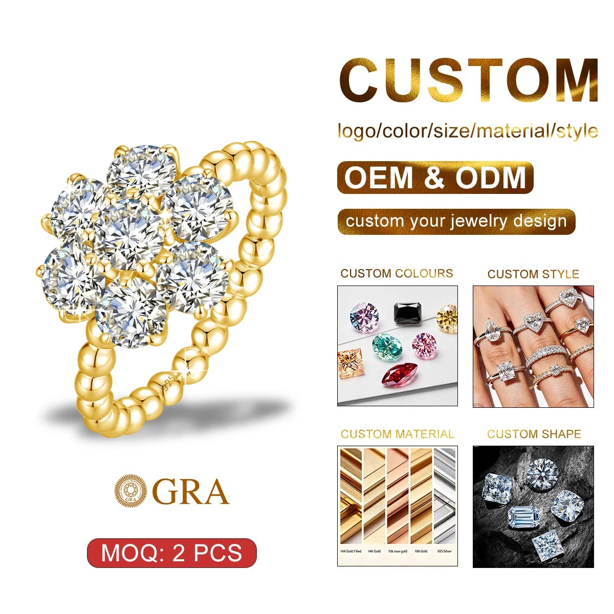 Shenzhen Jewelry Factory Quality Designer Blooming Petals 7pcs 5mm Moissanite Diamonds Ring Silver Jewelry 925 Sterling