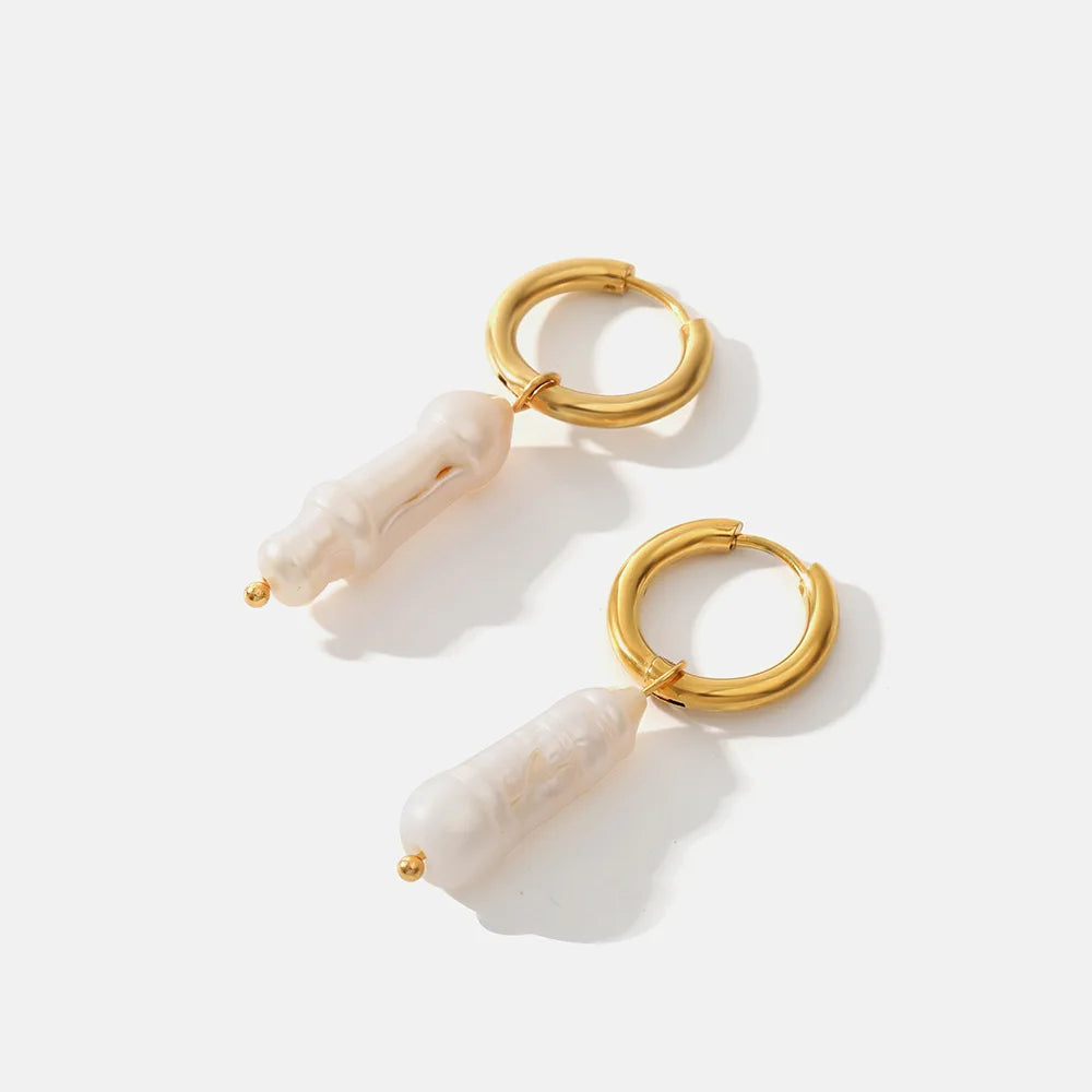 French Vintage Stainless Steel Geometric Pearl Clip on Earrings 18K Gold Plated Freshwater Pearl Drop Earrings