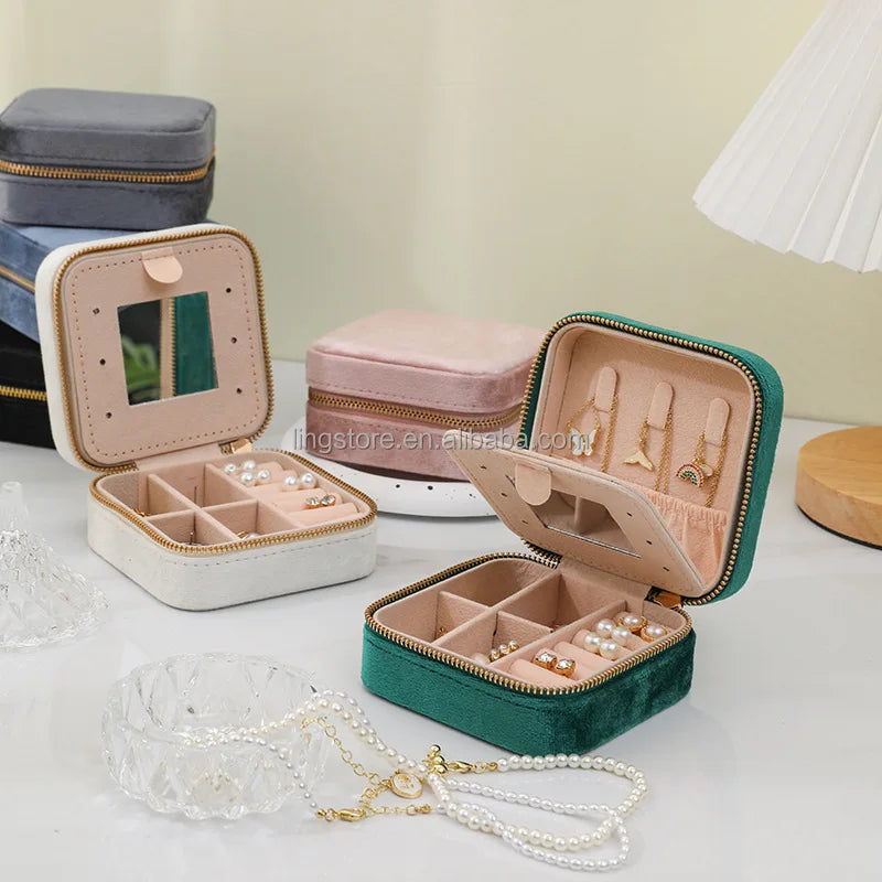 10*10*5cm Portable Velvet Jewelry Storage Double Layer Organizer With Zipper Earrings Travel Case for Ring Necklace with Mirror
