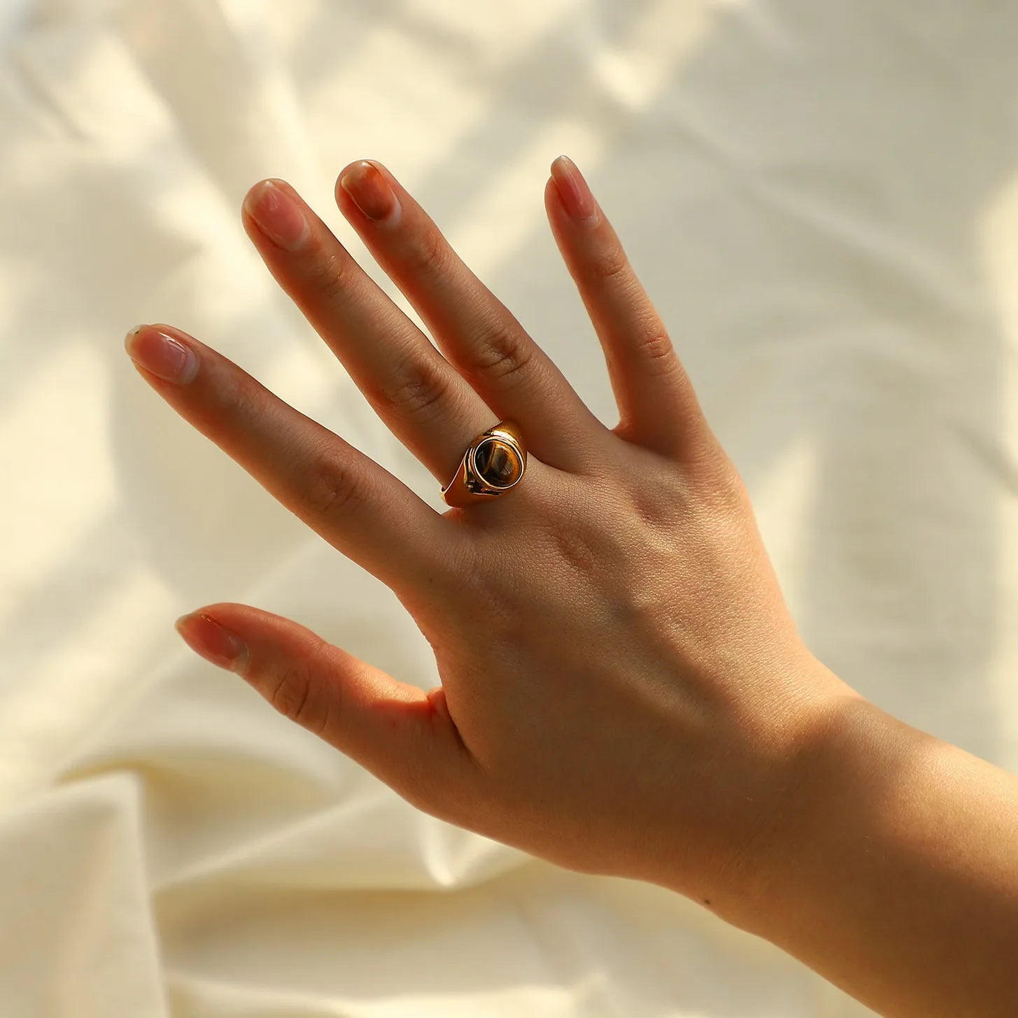 18K Stainless Steel Metal Oval tiger Eye Obsidian Engagement Ring Jewelry Elegant Retro Titanium Steel Ring