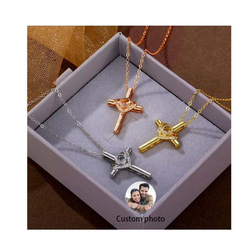 New Korean Hot Sell Cross Necklace One Hundred Languages I Love You Heart Pendant Projection Necklace for Women