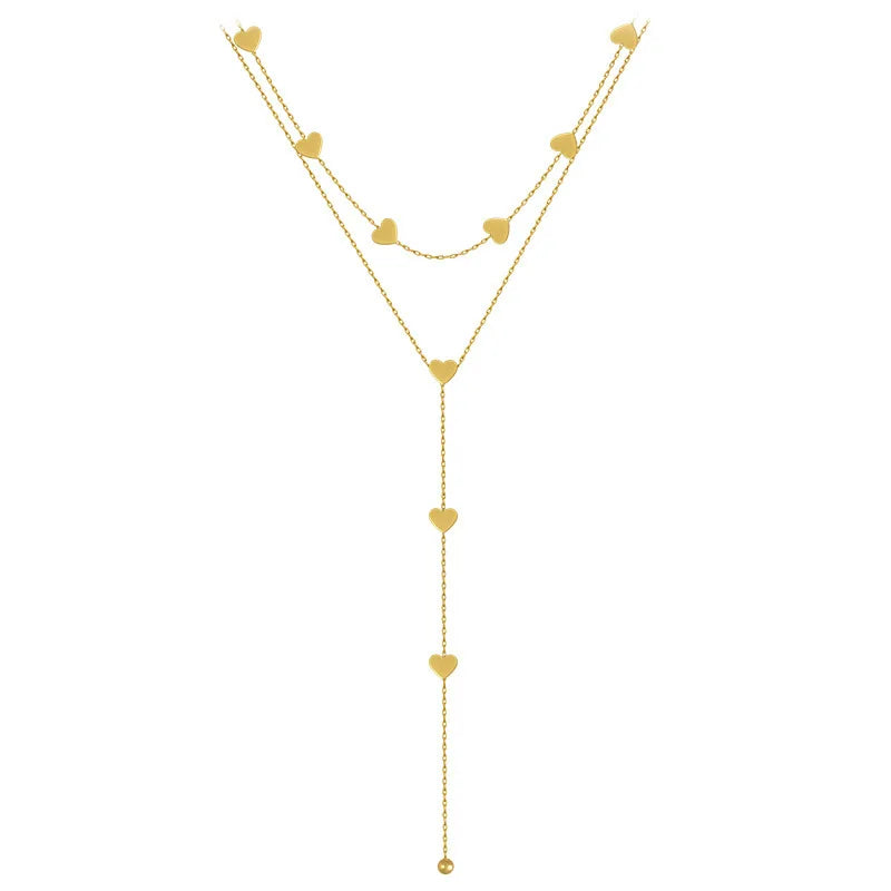 Tarnish Free 18k Gold Plated Stainless Steel Chokers Charm Necklace Minimalist Double-layer Long Tassel Heart Pendant Necklace