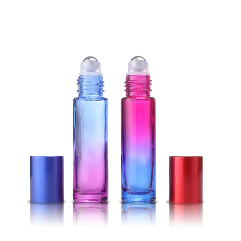 Wholesale Travel Size Gradient Color 10ml Essential Oil Roll on Bottle 1/3oz Glass Roller Bottle with Gold Sliver Cap