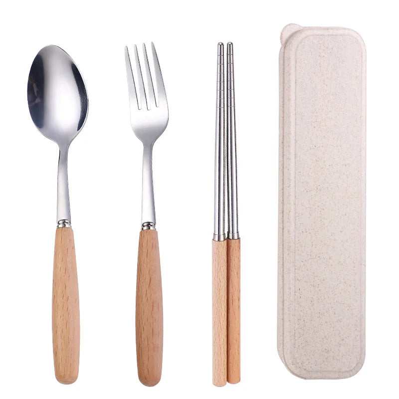 Portable Cutlery Chopsticks Fork Spoon Set with Wooden Handle Stainless Steel Flatware Cutlery