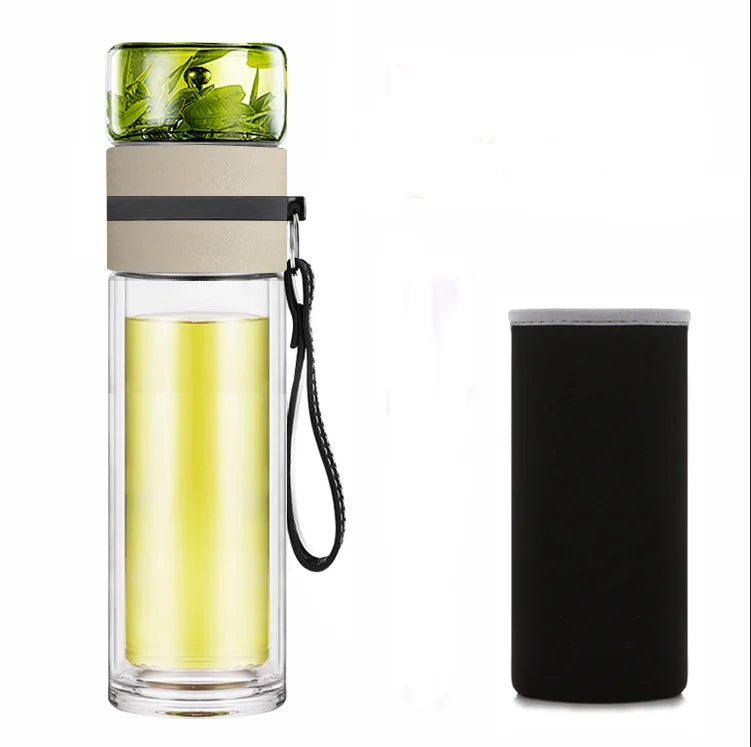 New Design Glass Water Bottle for Tea Double Wall Tea Separation Glass Water Bottle with Tea Infuser