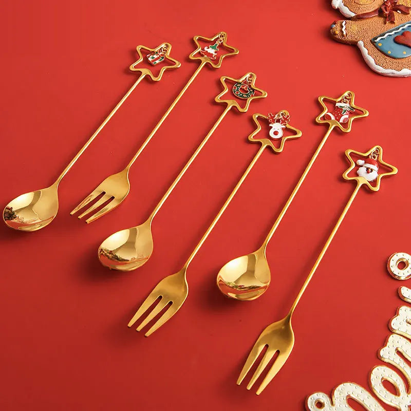 Christmas GiftTableware 304 Stainless Steel Coffee Tea Spoon Ice Cream Dessert Spoon Fork Star Shape with Pendant